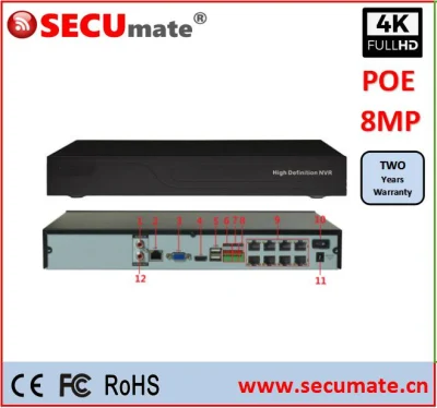 16CH Poe NVR 8MP H. 265 Grabador de vídeo en red Audio Onvif P2p Vista remota HDMI
